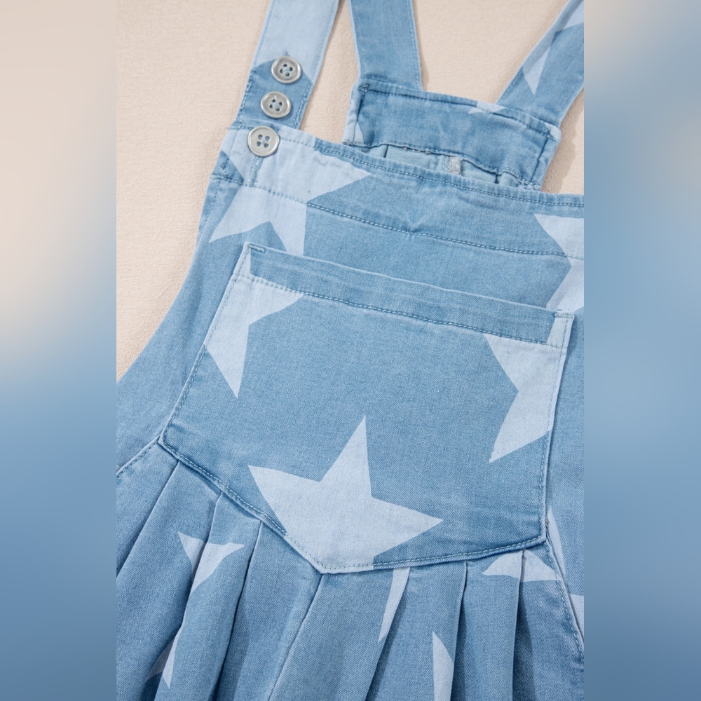 Star Print Square Neck Denim Overalls - Picture 7 of 7